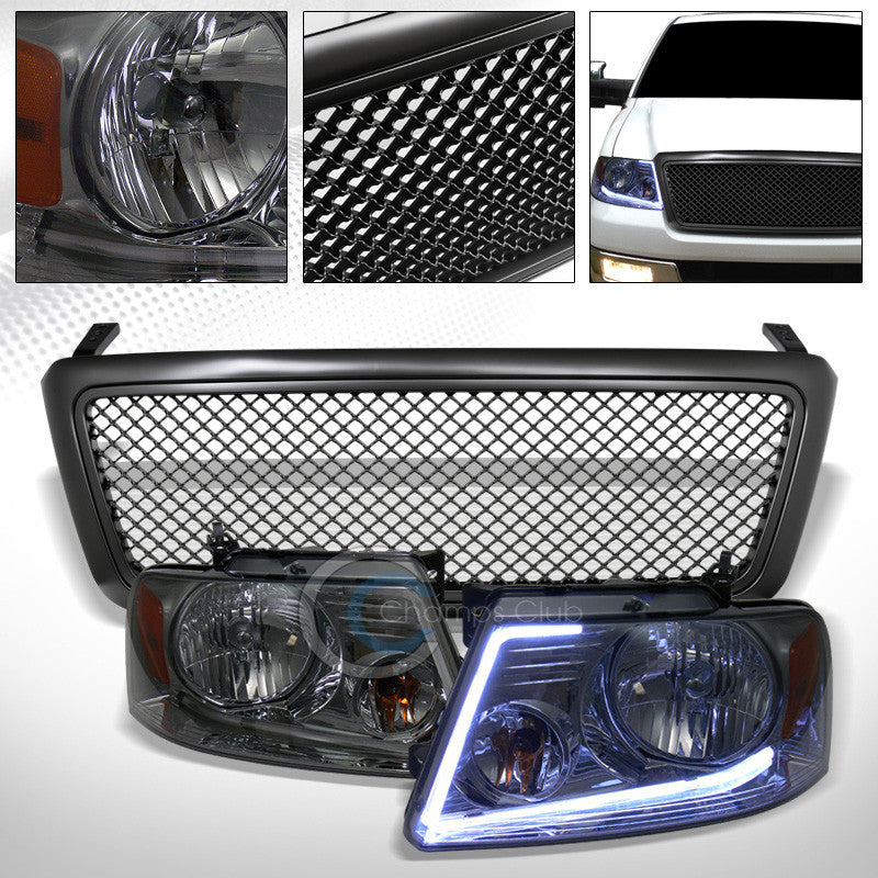 DRL LED STRIP SMOKE HEAD LIGHTS AMBER+MATTE MESH BUMPER GRILL GRILLE 04-08 F150