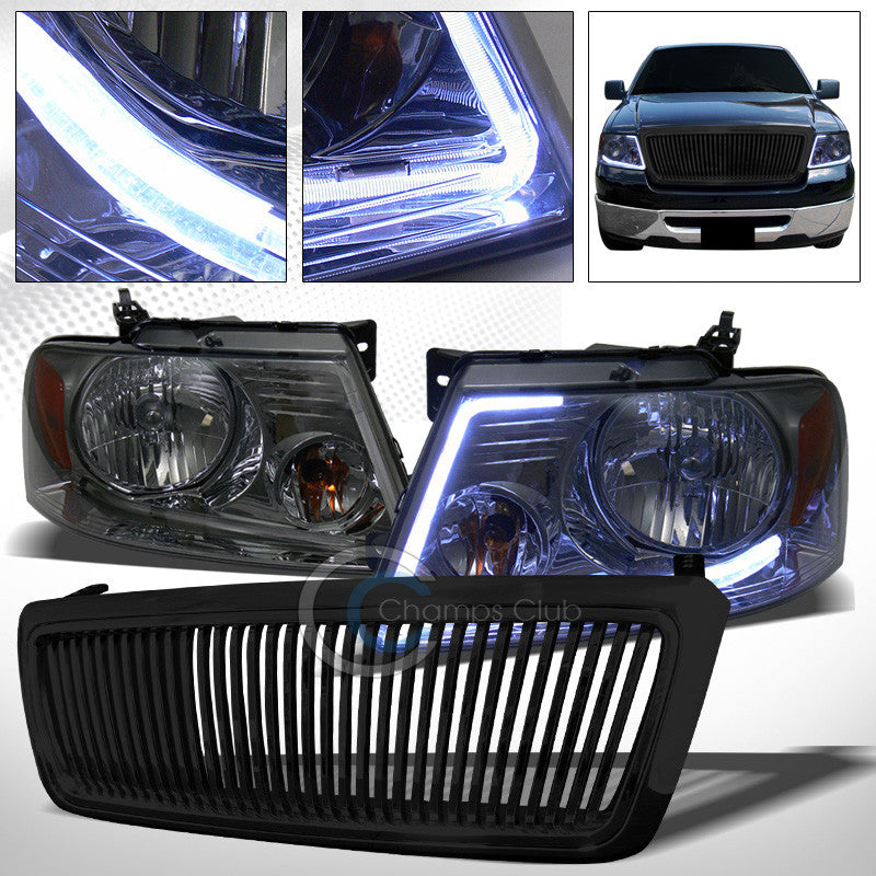 DRL LED STRIP SMOKE HEAD LIGHTS+BLK VERTICAL BUMPER GRILL GRILLE 04-08 FORD F150