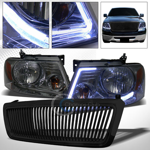DRL LED STRIP SMOKE HEAD LIGHTS+BLK VERTICAL BUMPER GRILL GRILLE 04-08 FORD F150