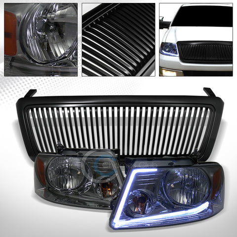 DRL LED STRIP SMOKE HEAD LIGHTS AMB+MATTE VERTICAL FRONT GRILL GRILLE 04-08 F150