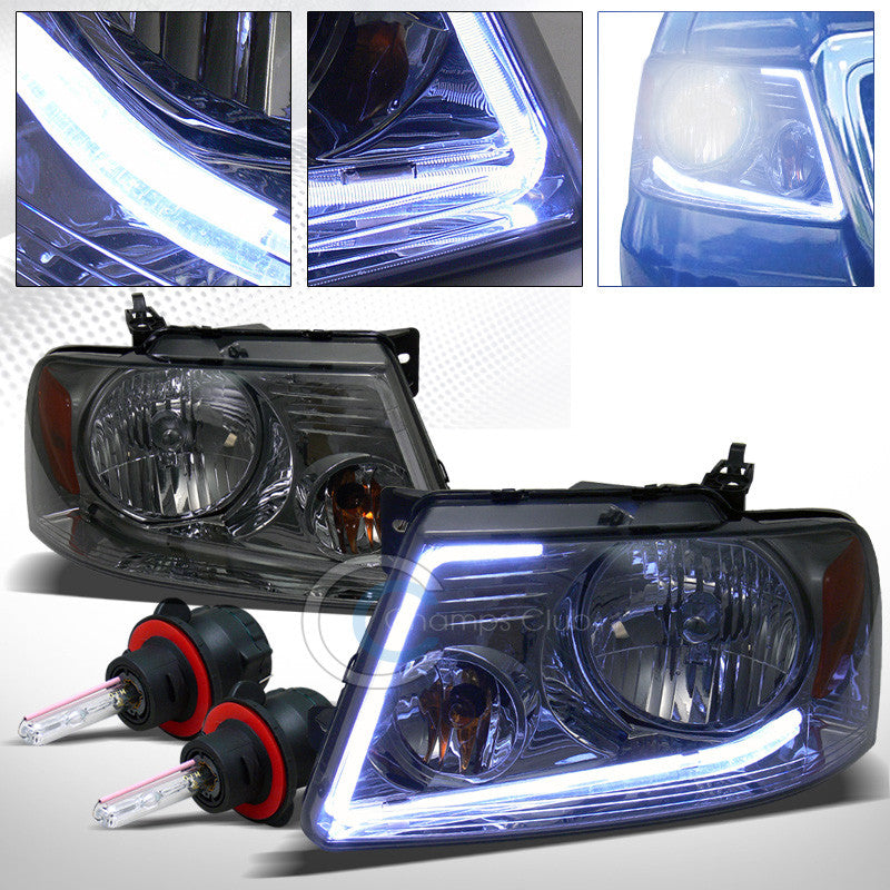 *NEW DESIGN* DRL LED STRIP SMOKE HEAD LIGHTS+8000K HID BI-XENON 04-08 FORD F150