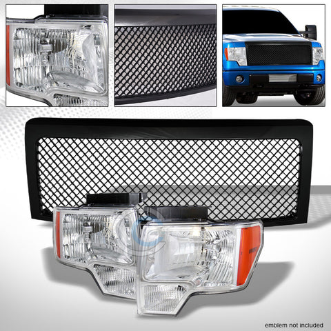 CHROME HEAD LIGHTS SIGNAL AMBER DY+BLK MESH BUMPER GRILL GRILLE 09-14 FORD F150