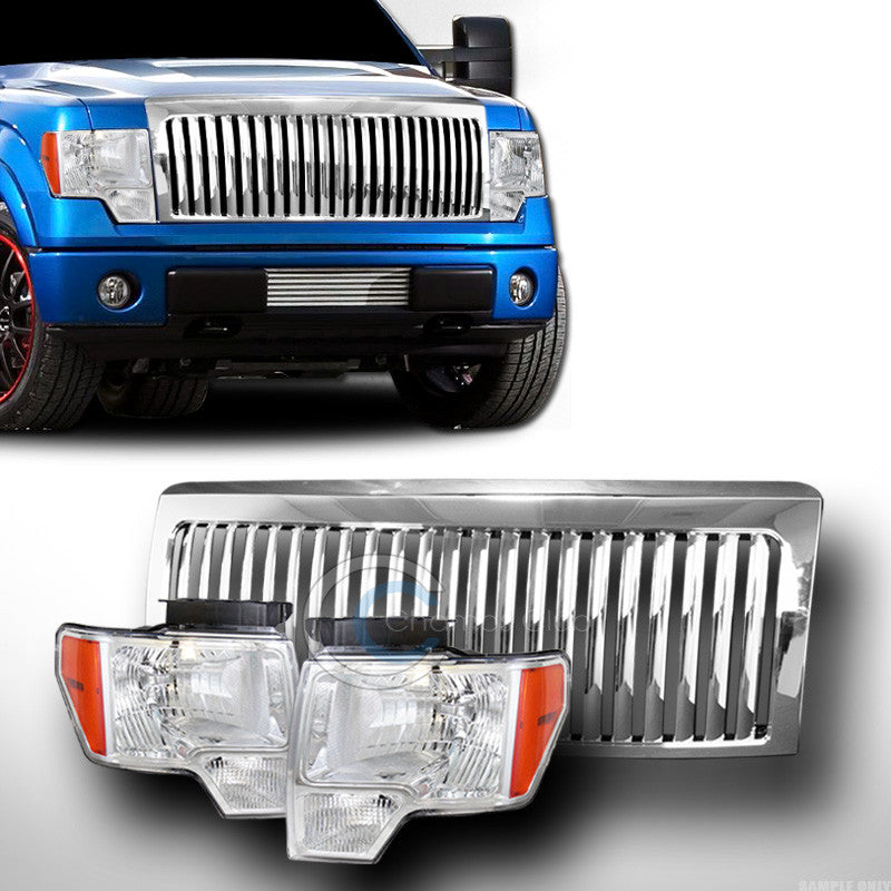 CHROEM HEAD LIGHTS SIGNAL AMBER DY+VERTICAL BUMPER GRILL GRILLE 09-14 FORD F150