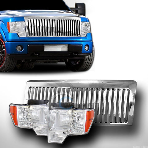 CHROEM HEAD LIGHTS SIGNAL AMBER DY+VERTICAL BUMPER GRILL GRILLE 09-14 FORD F150