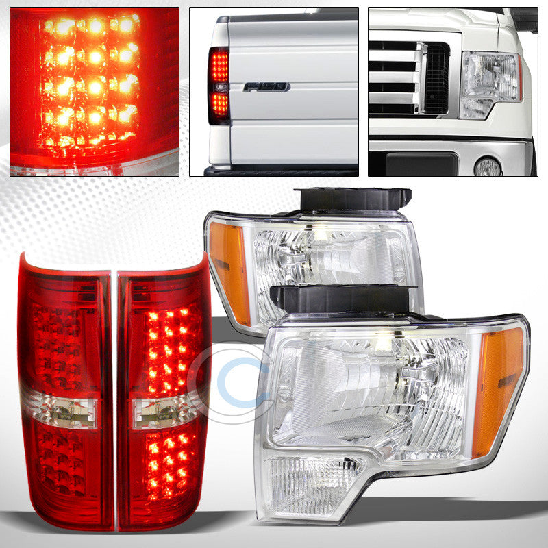 CHROME HEAD LIGHTS SIGNAL AM DY+LED REAR BRAKE TAIL LAMPS RED AW 09-14 FORD F150