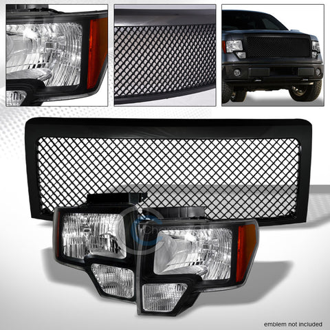 BLK HEAD LIGHTS SIGNAL CORNER AMBER DY+MESH BUMPER GRILL GRILLE 09-14 FORD F150