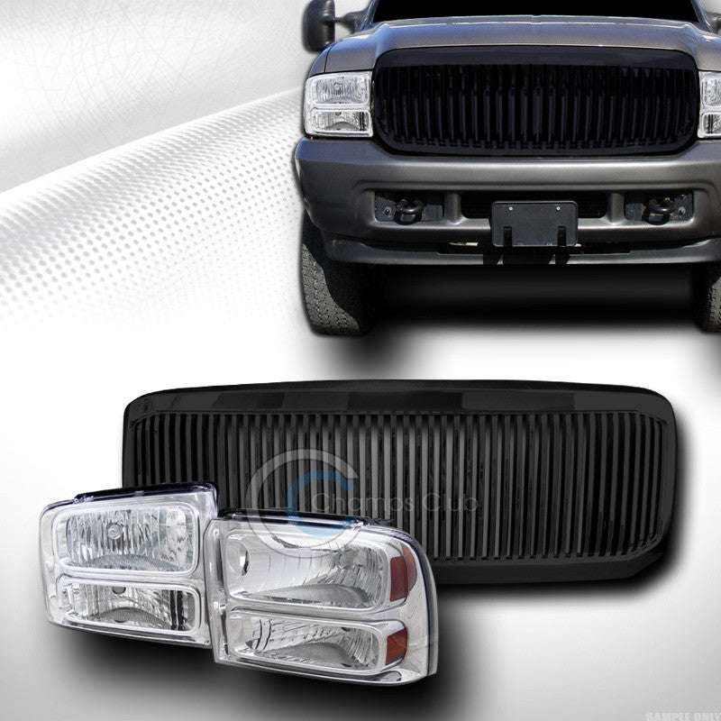 CHROME HEAD LIGHTS SIGNAL AM W/VERTICAL GRILL GRILLE BLACK 05-07 F250/EXCURSION