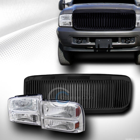 CHROME HEAD LIGHTS SIGNAL AM W/VERTICAL GRILL GRILLE BLACK 05-07 F250/EXCURSION