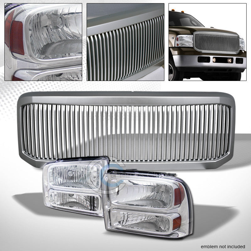 CHROME HEAD LIGHTS AM DY+SILVER VERTICAL GRILL GRILLE 05-07 F250/F350/EXCURSION