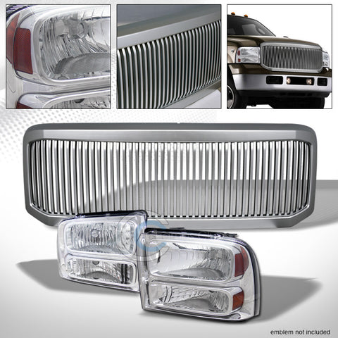 CHROME HEAD LIGHTS AM DY+SILVER VERTICAL GRILL GRILLE 05-07 F250/F350/EXCURSION