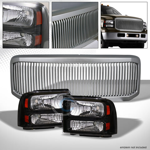BLK HEAD LIGHTS AMBER DY+SILVER VERTICAL GRILL GRILLE 05-07 F250/F350/EXCURSION