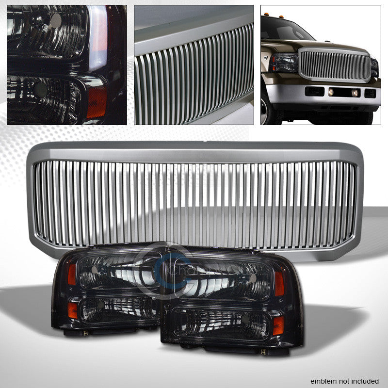 SMOKE HEAD LIGHTS AM DY+SILVER VERTICAL GRILL GRILLE 05-07 F250/F350/EXCURSION