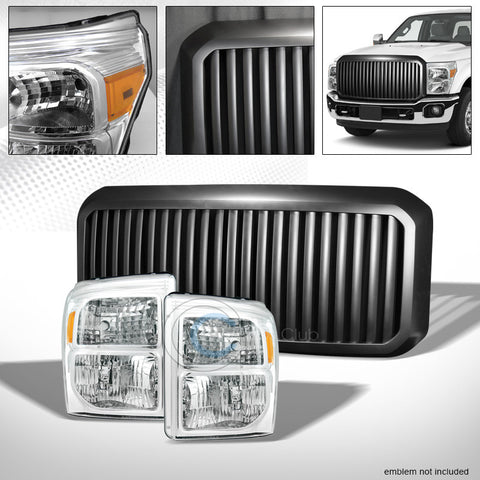 CHROME HEAD LIGHTS AMBER DY+BLK VERTICAL GRILL GRILLE 11-16 F250/F350 SUPERDUTY