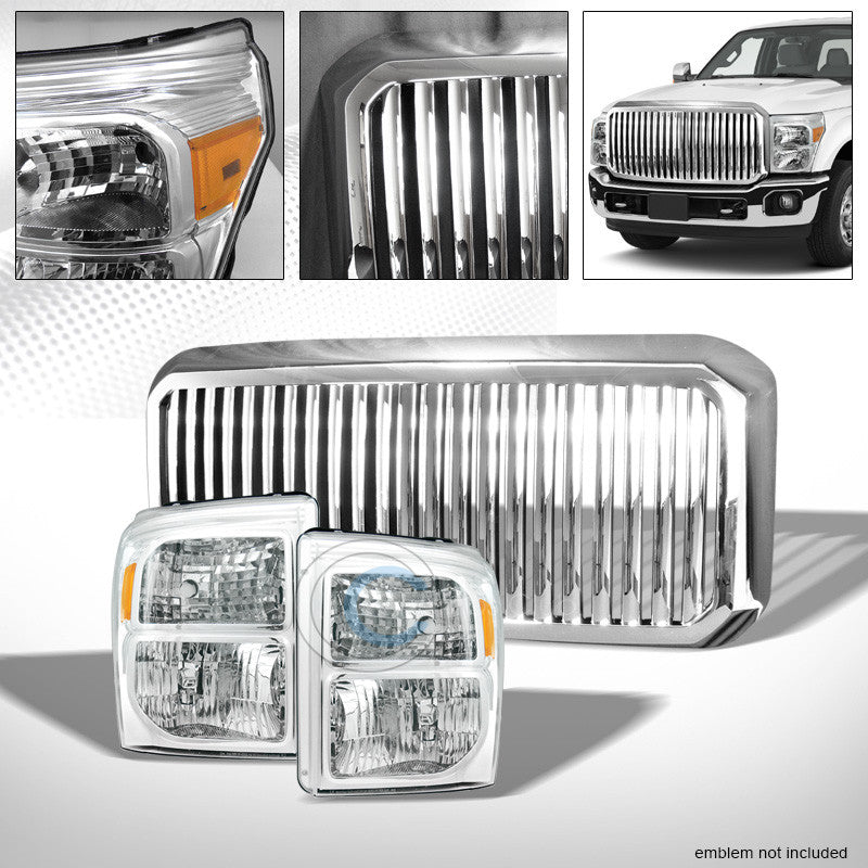 CHROME HEAD LIGHTS AMBER DY+VERTICAL GRILL GRILLE 11-16 FORD F250/F350 SUPERDUTY