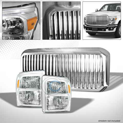CHROME HEAD LIGHTS AMBER DY+VERTICAL GRILL GRILLE 11-16 FORD F250/F350 SUPERDUTY