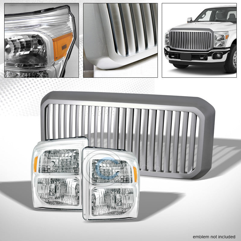 CHROME HEAD LIGHTS AM DY+SILVER VERTICAL GRILL GRILLE 11-16 F250/F350 SUPERDUTY