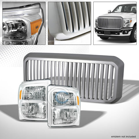 CHROME HEAD LIGHTS AM DY+SILVER VERTICAL GRILL GRILLE 11-16 F250/F350 SUPERDUTY