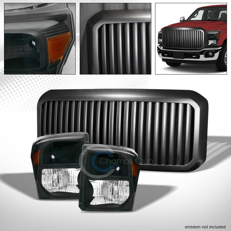 BLACK HEAD LIGHTS AMBER DY+VERTICAL GRILL GRILLE 11-16 FORD F250/F350 SUPERDUTY