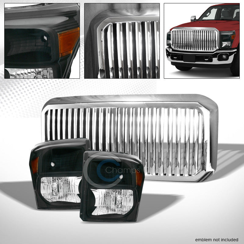 BLK HEAD LIGHTS AMBER DY+CHROME VERTICAL GRILL GRILLE 11-16 F250/F350 SUPERDUTY