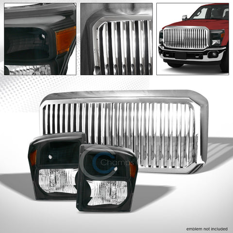 BLK HEAD LIGHTS AMBER DY+CHROME VERTICAL GRILL GRILLE 11-16 F250/F350 SUPERDUTY