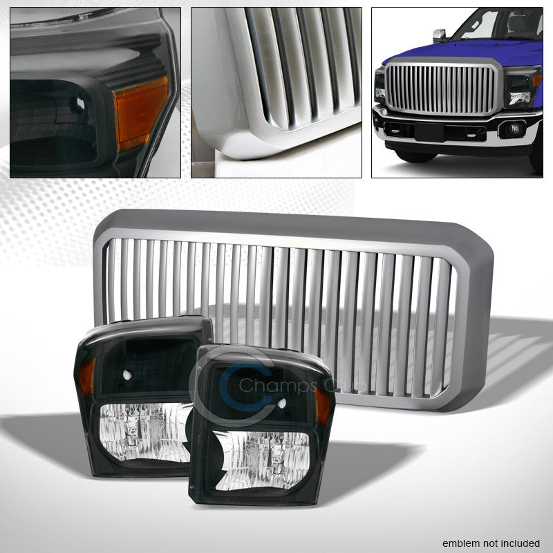 BLK HEAD LIGHTS AMBER DY+SILVER VERTICAL GRILL GRILLE 11-16 F250/F350 SUPERDUTY