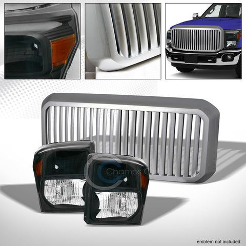 BLK HEAD LIGHTS AMBER DY+SILVER VERTICAL GRILL GRILLE 11-16 F250/F350 SUPERDUTY