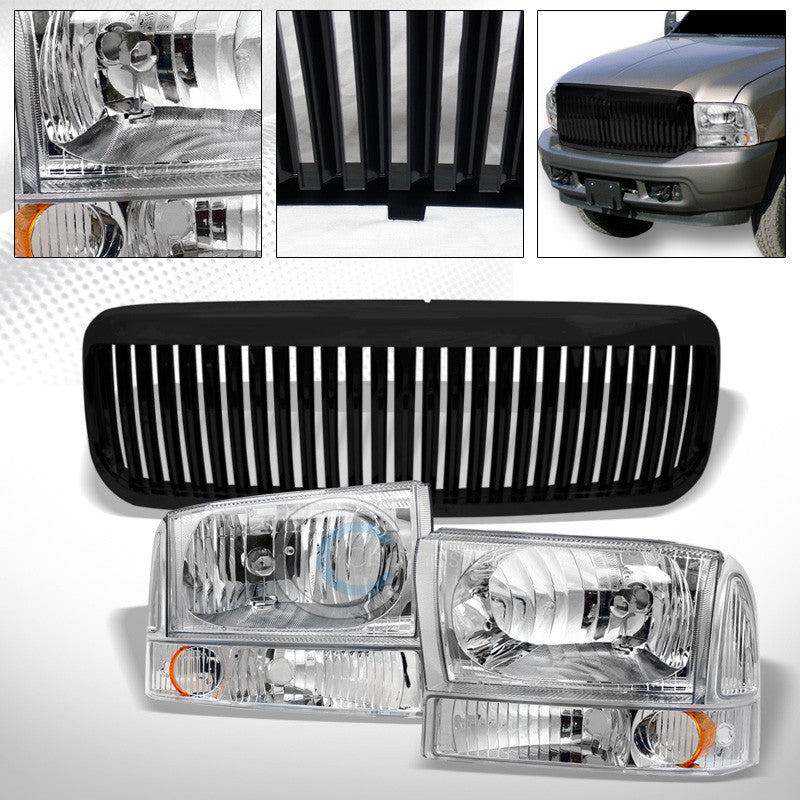 CHROME HEAD LIGHTS CORNER AMBER DY+BLK VERTICAL GRILL GRILLE 99-04 F250/F350 SD