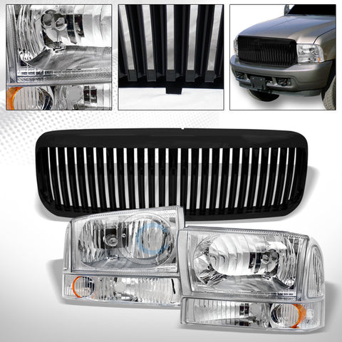 CHROME HEAD LIGHTS CORNER AMBER DY+BLK VERTICAL GRILL GRILLE 99-04 F250/F350 SD