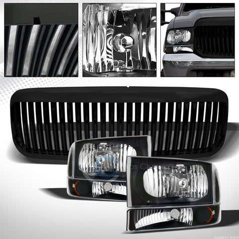 BLK HEAD LIGHTS+CORNER AMBER+GRILL 99-04 FORD F250 F350 SUPER DUTY/00+ EXCURSION