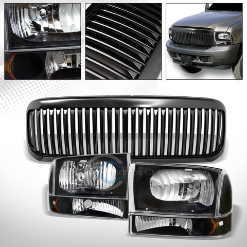 BLACK HEAD LIGHTS CORNER AMBER DY+MATTE VERTICAL GRILL GRILLE 99-04 F250/F350 SD