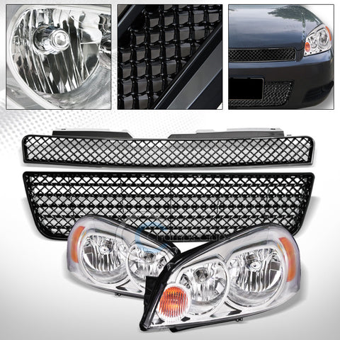 CHROME HEAD LIGHTS AMB DY+BLK MESH UPPER+LOWER GRILL GRILLE 06-16 IMPALA/LIMITED