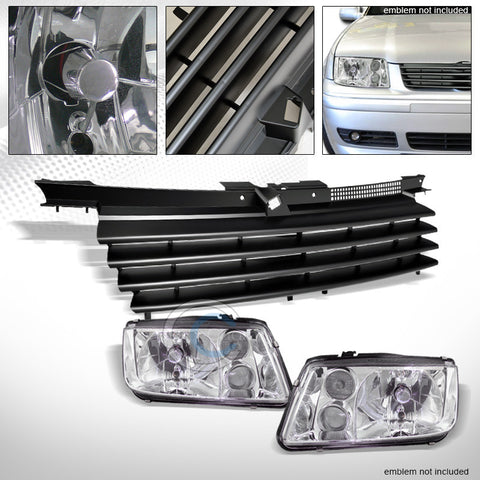 CHROME HEAD LIGHTS SIGNAL+FOG+MATTE BLK HORIZONTAL GRILL GRILLE 99-05 JETTA MK4