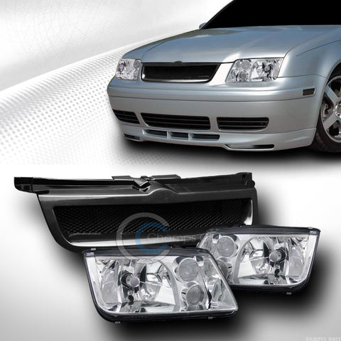 CHROME HEAD LIGHTS SIGNAL+ALUMINUM MESH GRILL GRILLE BLK 1999-2005 VW JETTA MKIV