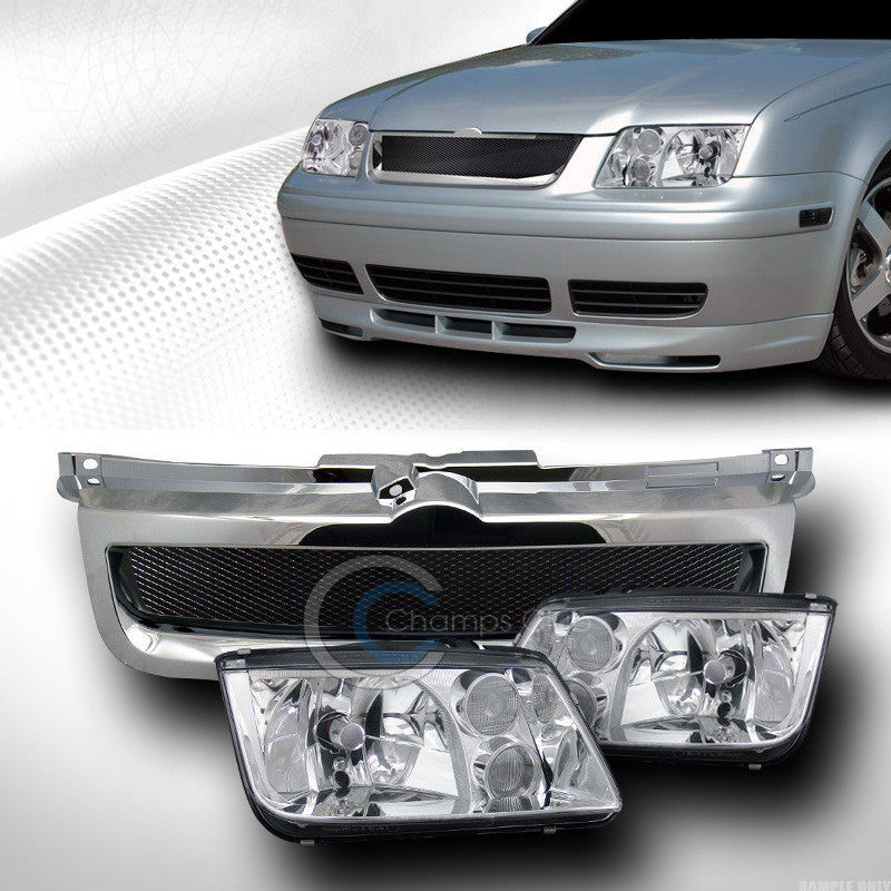 CHROME HEAD LIGHTS SIGNAL FOG LAMP+ALUMINUM MESH GRILL GRILLE 99-05 VW JETTA MK4