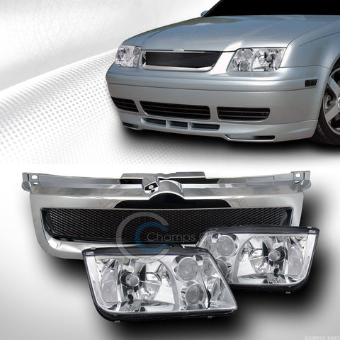 CHROME HEAD LIGHTS SIGNAL FOG LAMP+ALUMINUM MESH GRILL GRILLE 99-05 VW JETTA MK4
