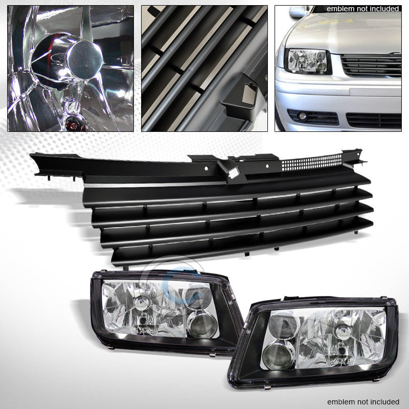 BLK HEAD LIGHTS SIGNAL+FOG+MATTE HORIZONTAL BUMPER GRILL GRILLE 99-05 JETTA MK4