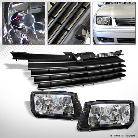 BLK HEAD LIGHTS SIGNAL+FOG+MATTE HORIZONTAL BUMPER GRILL GRILLE 99-05 JETTA MK4