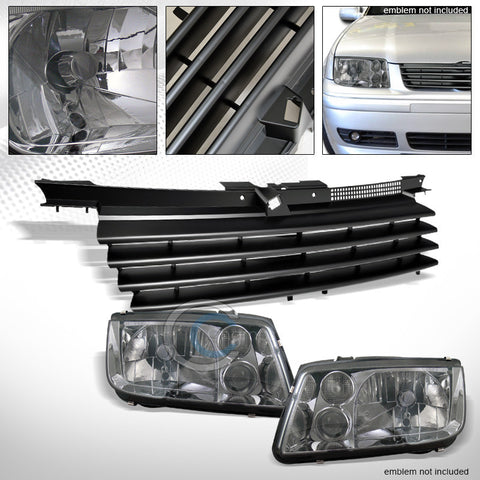 SMOKE HEAD LIGHTS SIGNAL+FOG+MATTE BLACK HORIZONTAL GRILL GRILLE 99-05 JETTA MK4