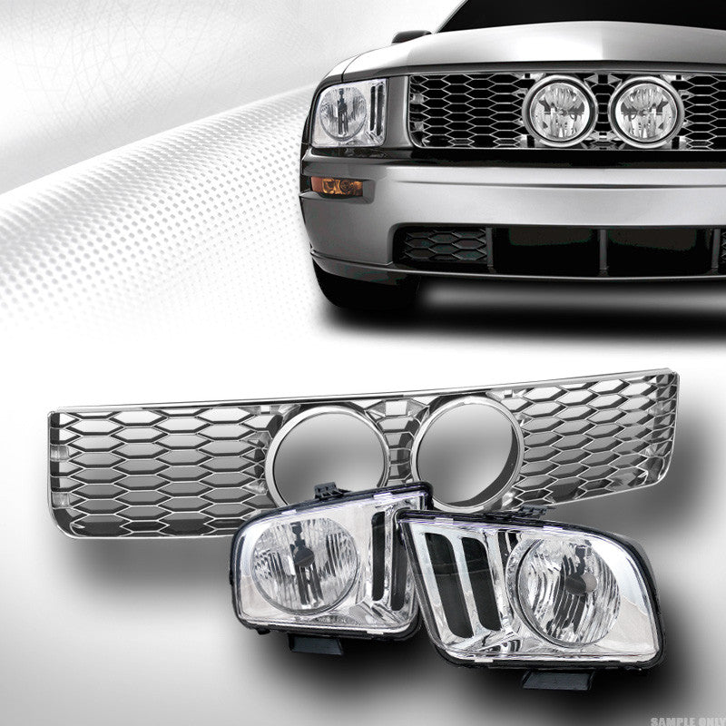 CHROME HEAD LIGHTS+HONEYCOMB MESH BUMPER GRILL GRILLE+FOG HOLE 05-09 MUSTANG GT