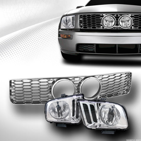 CHROME HEAD LIGHTS+HONEYCOMB MESH BUMPER GRILL GRILLE+FOG HOLE 05-09 MUSTANG GT