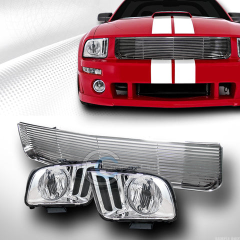 CHROME HEADLIGHTS LAMP+HORIZONTAL FRONT BUMPER GRILL GRILLE 2005-2009 MUSTANG V6