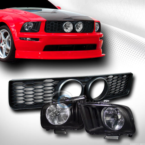 BLK HEAD LIGHTS LAMPS+MESH FRONT BUMPER GRILL GRILLE W/FOG HOLE 05-09 MUSTANG GT