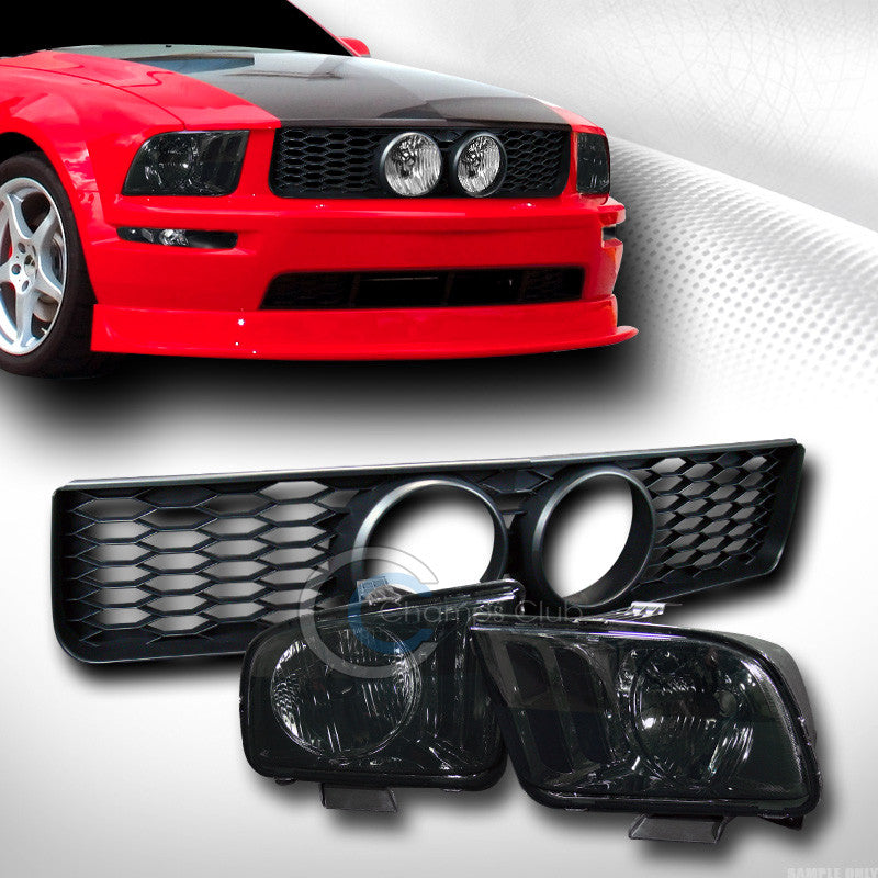 SMOKE HEAD LIGHTS LAMPS+MESH FRONT GRILL GRILLE W/FOG HOLE BLK 05-09 MUSTANG GT