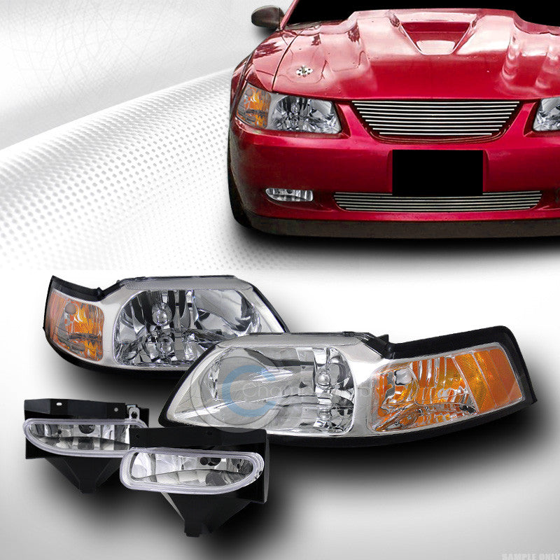 CHROME CRYSTAL HEAD LIGHTS SIGNAL AM DY W/BUMPER FOG CLEAR PT 99-04 FORD MUSTANG