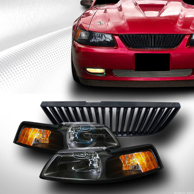 BLACK HEAD LIGHTS SIGNAL AM+VERTICAL FRONT BUMPER GRILL GRILLE 1999-2004 MUSTANG