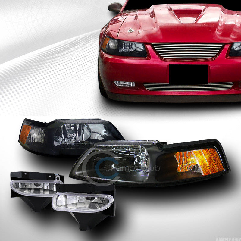 BLACK CRYSTAL HEAD LIGHTS SIGNAL AM DY W/BUMPER FOG CLEAR PT 99-04 FORD MUSTANG
