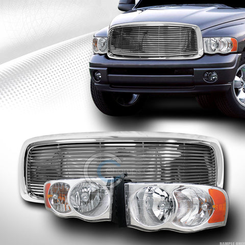 CHROME HEAD LIGHT LAMP AMBER+HORIZONTAL FRONT HOOD GRILL GRILLE 02-05 DODGE RAM