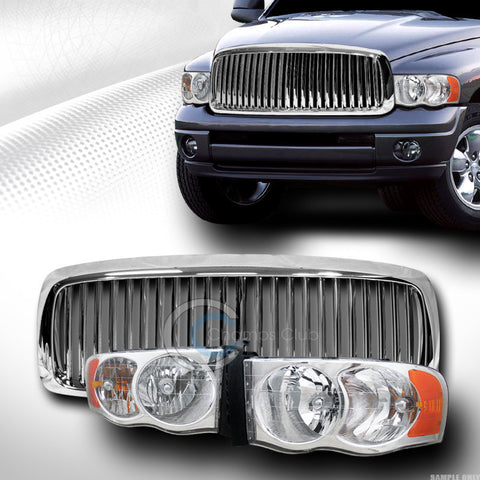 CHROME HEAD LIGHTS LAMPS AMBER+VERTICAL FRONT HOOD GRILL GRILLE 02-05 DODGE RAM