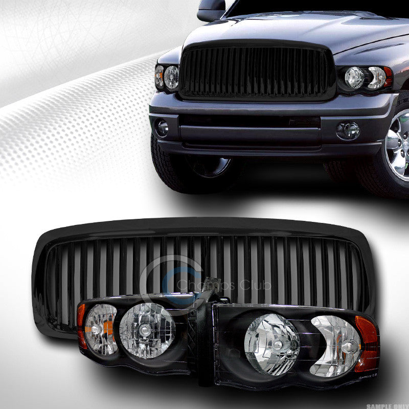 BLACK HEAD LIGHTS LAMPS AMBER W/VERTICAL FRONT HOOD GRILL GRILLE 02-05 DODGE RAM