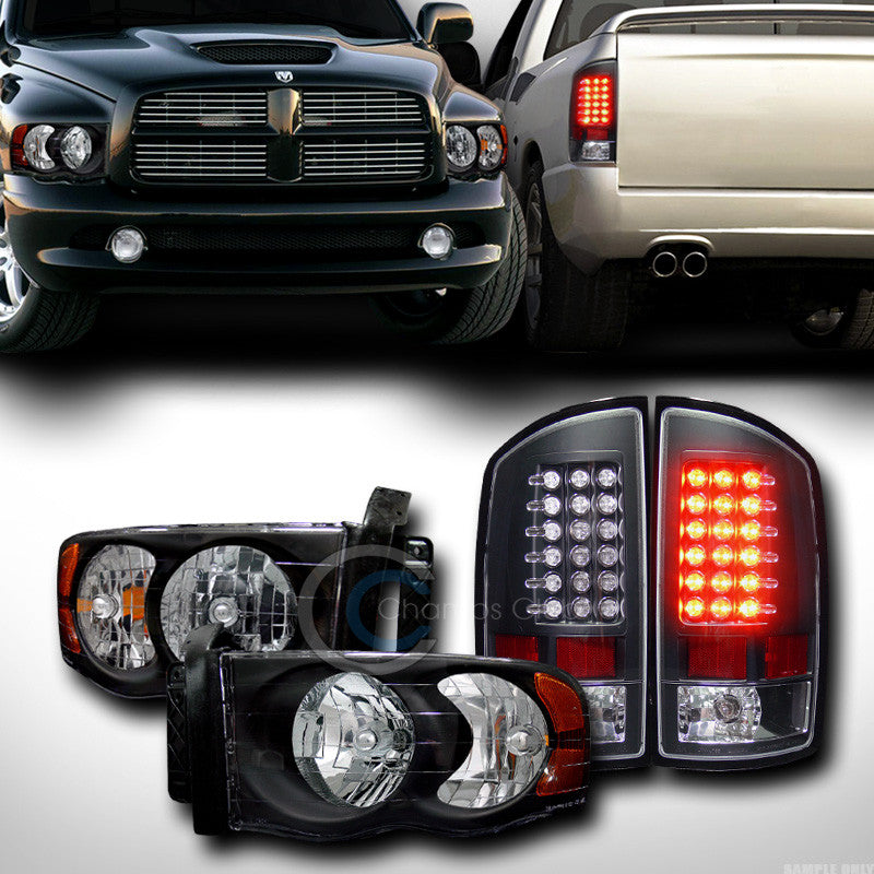 BLACK CRYSTAL HEAD LIGHTS SIGNAL AMBER W/LED TAIL BRAKE LAMPS JY 02-05 DODGE RAM